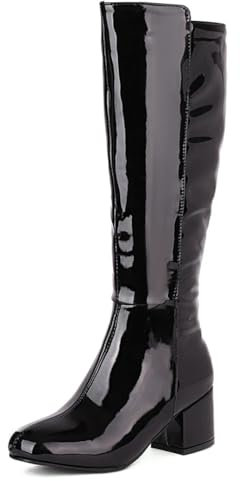 Pegsmio Stivali lunghi da donna in pelle verniciata con tacco spesso al ginocchio, alla moda, con punta quadrata, per autunno e inverno