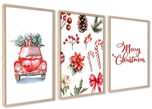 ag.art deco® Merry Christmas Poster Set DIN A4 | Weihnachts Rot Auto Weihnachtsbaum Zuckerstangen | Bilder für Wohnzimmer Arbeitszimmer Esszimmer | 3x Bilder ohne Rahmen