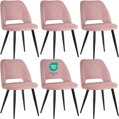 JIJIAN Esszimmerstühle 6er Set, Stühle Esszimmer, Küchenstühle, Wohnzimmer Essstühle mit Ausschnitt Rückenlehne Streifen Samt Stuhl, Gepolsterte Stühle für Esszimmer, Küche, Schlafzimmer, Rosa