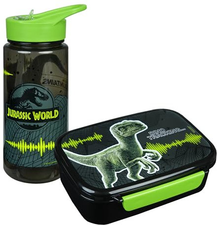 Scooli - Set de vajilla Infantil de Regalo Jurassic World - Set Compuesto por Fiambrera y biberón - Ideal para el Colegio o la guardería - a Partir de 4 años - de plástico - sin BPA