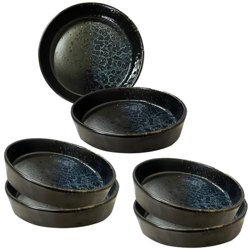 PALUPLUS Set 6 Piatti Fondi in Porcellana Color Nero con Dettagli Blu e Oro, Diametro 18 cm e Altezza 4,5 cm, Adatti per Microonde, Ciotole per Zuppa, Dessert, Insalate -6663F4,2