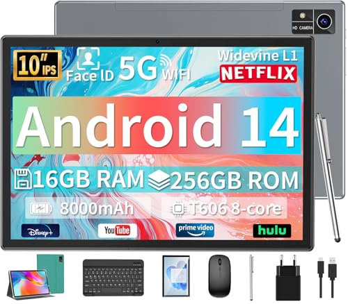 YLEEBG Tablet Android 14 da 10 pollici con tastiera, 16 GB RAM, 256 GB (1 TB espandibile), Octa-Core, 8000 mAh, doppia fotocamera, Wi-Fi dual band, 2 in 1 con tastiera, custodia, mouse e penna (verde)