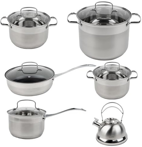 WUDLEP 6 Pack 304 Stainless Steel Kitchen Pots and Pans Set, Cookware Set with Glass Lids, Large Frying Pan Set, Serve 4-6 People, Silver