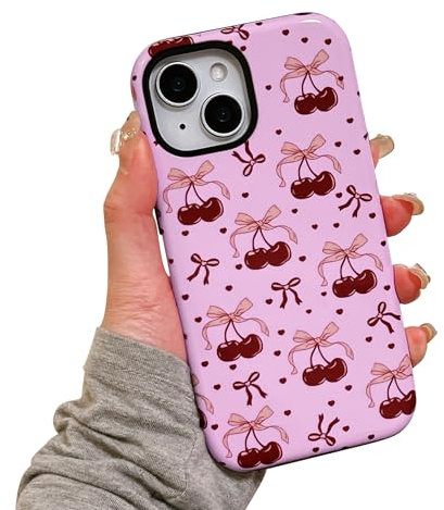 EYZUTAK Case for iPhone 15, Cute Pink Cherry Bow Phone Case Glossy Aesthetic Heart Pattern Slim Soft Durable TPU and Sturdy PC Shockproof Protective Bumper Phone Cover for Women Girls-Cherry Heart Bow