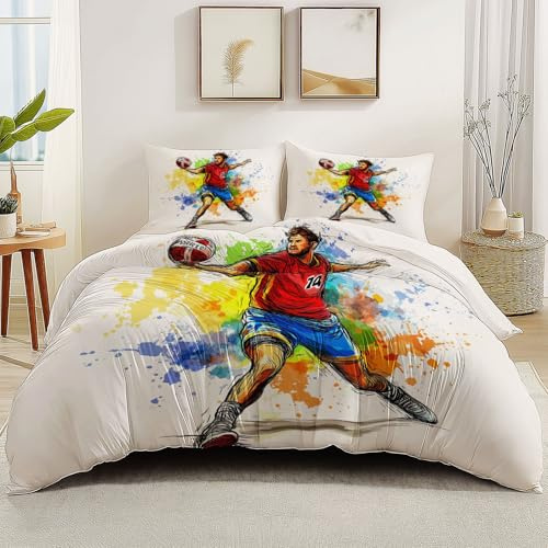 Handball Bettwäsche Set mit Handball Spieler Motiv, Weiß mit Buntem Aquarell Druck Weiche Mikrofaser Wendebettwäsche Bettbezug 135 x 200 cm, Sport Thema für Teenager Sportfans