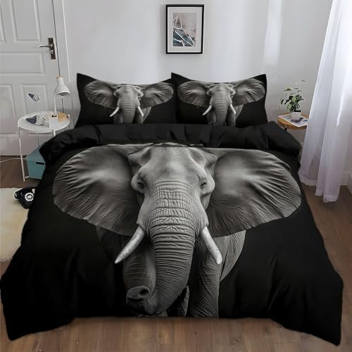 Srigzcaly Tier Elefant Porträt Fotokunst Bettwäsche 155x220 cm, Wendebettwäsche Set 3 Teilig, Leicht Weich Mikrofaser Bettbezug - Schwarz Deckenbezug mit Reißverschluss und Kissenbezug