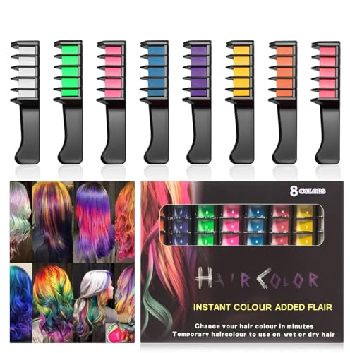 8 Farben Haarkreide Kamm, Temporär Haarfarbe für Karneval, Fasching, DIY Cosplay, Party, Weihnachten, Halloween, Geburtstag Haar Kreide Auswaschbar Bunt Haarkreiden