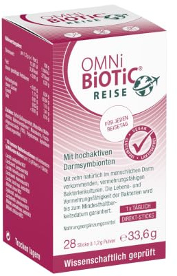 OMNi BiOTiC REISE Direkt-Sticks | Reiselust statt Urlaubsfrust | 28 Sticks | Praktischer Stick, der direkt auf der Zunge zergeht | 10 Bakterienstämme | Vegan | Glutenfrei | Zur täglichen Anwendung