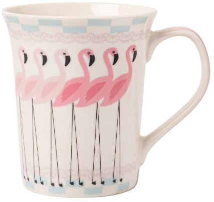 Flamingo Mug 350ml Cute Pink Bird Bone China Tea & Coffee Cup with Striped Pastel Print Lightweight Ceramic Gift Mug for Her, Office, or Home (H 11cm x W 9cm) Assorted Styles (Flamingo 12)