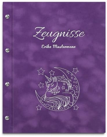 Personalisierbare Zeugnismappe in violetter Samtoptik mit eigenem Namen und Motiv - inkl. 12 Sichthüllen - Silberner Aufdruck mit individuellem Motiv selbst gestalten