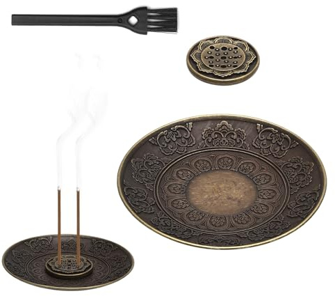 Porte Encens Lotus 9 Trous en Métal Ancien – Support Encens Bâton Amovible avec Brosse de Nettoyage – Brûleur Décoratif pour Méditation, Yoga, Salon, Chambre