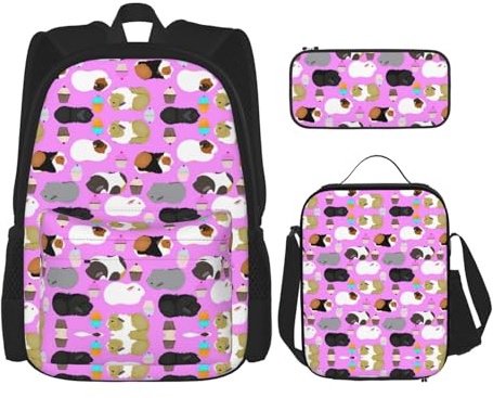 RRhgipp Schulrucksack mit Meerschweinchen und Cupcakes, für Jungen, Teenager, Büchertasche, Reisetasche, Tagesrucksack, Kinder, Mädchen, Lunch-Tasche, Federmäppchen, Büchertasche