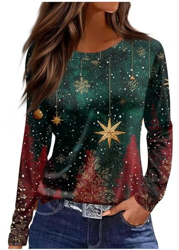 2025 Christmas Tops for Women UK Casual Long Sleeve Crewneck Lightweight Shirts Fall Trendy Xmas Tree Snowflake Print Blouse Dressy Comfy Loose Fit T-Shirt