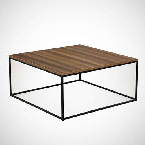 Modern Walnut Coffee Table, 75 x 75 x 43 cm | 100% Melamine Coated Particle Board, 18 mm Thick | Sturdy Metal Legs, Industrial Design for Home & Office
