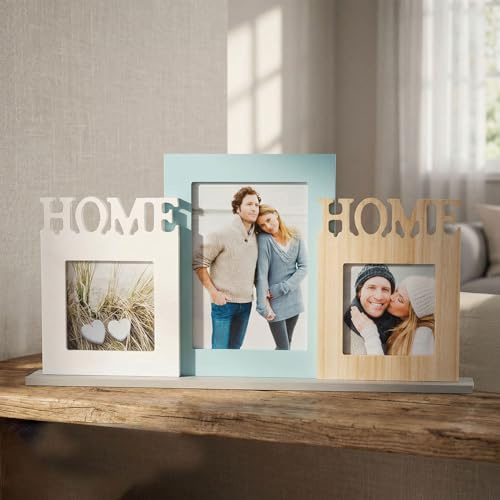 levandeo Bilderrahmen Aufsteller 3 Fotos 10x10 13x18 MDF Holz Home Fotorahmen Natur Blau Weiß Galerie Deko Fotogalerie Tischdeko