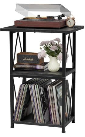 Upgraded Expanded Surface Record Player Stand, 3 Tier End Table with Vinyl Record Storage, 50x40cm Record Player Table, Turntable Stand for Vinyl Player, Wood Grain Side Table for Storage Living Room