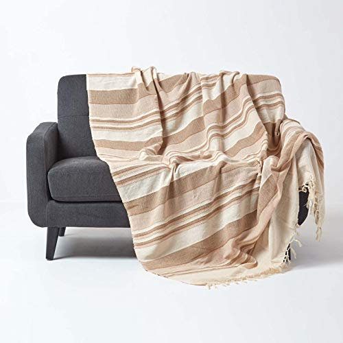 Homescapes große Tagesdecke Morocco, Sofa-Überwurf aus 100% Baumwolle, weiche Wohndecke 225 x 255 cm, gestreift, mit Fransen (225 x 255 cm, Beige)
