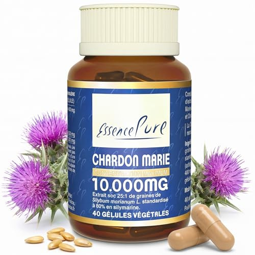 Chardon-Marie 10000 mg, Essence Pure, 40 Gélules | Extrait Standardisé à 80% Silymarine, 320 mg Silymarine, 200 mg Choline, Haute Concentration, Soutien Hépatique et Détox