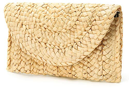 Obosoyo Bolsos de embrague de paja para mujer, bolso de paja de mano, bolsa de sobre, cartera de verano, bolsa de playa tejida, monedero, Beige