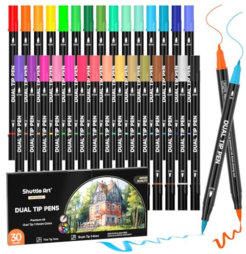 Shuttle Art Dual Brush Pen Set, 30 doppelseitige Pinselstifte, Filzstifte Dicke und Dünne, Aquarellstifte mit Malbuch für Kinder, Filzstifte für Erwachsene zum Malen Handlettering, Kalligraphie Stifte