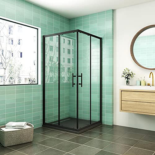 AICA SANITARIOS 80x80cm CABINA DE DUCHA DE ESQUINA CORREDERA NEGRA MATE 6MM CON PERFILERIA NEGRA ALTURA 190CM, ENTRADA ESQUINA