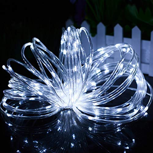 Guirlande Tube Lumineuse LED, 5M 50LED Lumière de corde de Noël Guirlande lumineuse de jardin à piles avec 8 modes à distance pour la décoration extérieure intérieure (blanc)