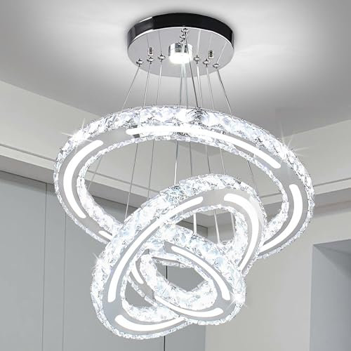 GLEAMING Moderne Kronleuchter LED Kristall Pendelleuchte DIY 3-Ring Hängelampe Höhenverstellbar Hängeleuchten Rund 18cm Deckenablage 52w für Schlafzimmer Wohnzimmer Küche Esstisch (Weißes Licht)