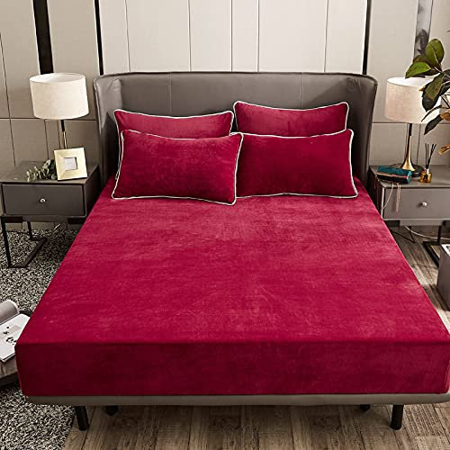 Damier Winter Spannbettlaken 90x200x30cm Rot Weinrot Plüsch Bettlaken Flauschige Cashmere Touch Warme Spannbetttuch Geeignet für 30cm Matratze