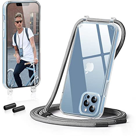 GOODVISH Handykette Kompatibel mit Apple iPhone 13 Pro Max 6,7 Display, Necklace Hülle mit Band Handyhülle für zum Umhängen, Transparent Case mit Schnur Kameraschutz und Bildschirmschutz, Silber
