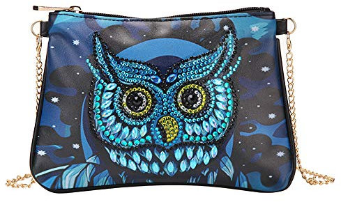 MWOOT 5D Eule Diamond Art Painting Cross-Body Tasche mit Kette, DIY Owl Diamond Art Painting Handbag, Diamant Malerei Leder Münze Geldbörse Unterarmtasche für Mädchen Frauen Party Travel