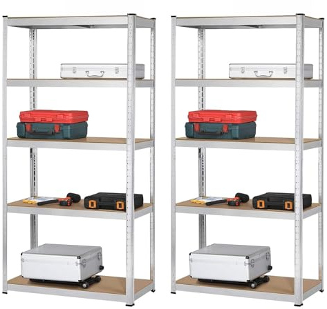 MBI - Étagère Métallique pour Garage - 180 x 90 x 40 cm - 5 Niveaux - Profil en Fer Robuste et Durable - Bois et Métal (2, Galvanisé)