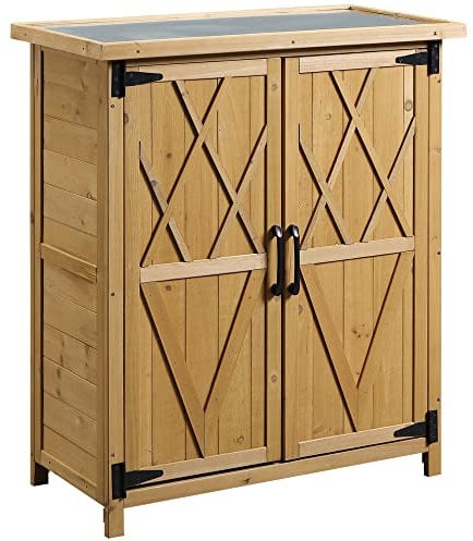 Outsunny Armario de Exterior de Madera 0,24 m² 75x40x90 cm Caseta de Jardín con 2 Puertas 4 Estantes y Techo de Galvanizado para Almacenamiento de Herramientas Natural