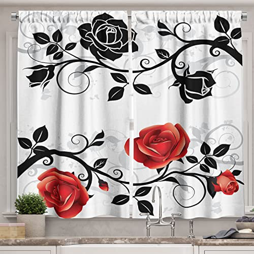 Ambesonne English Garden Long Kitchen Curtains, Abstract Backdrop Floral Rose Swirls Ivy Leaves Spring, Two Panels Drapes with Rod Pocket Room Decor, 55 X 45, Vermilion Grey
