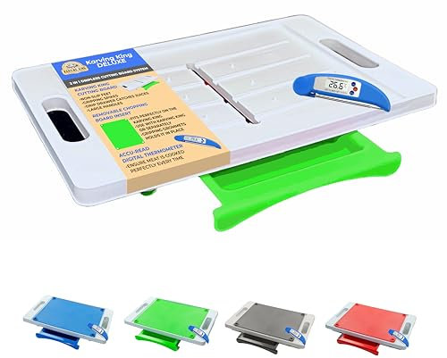Premium Quality Design Karving King A cut above the rest Deluxe Dripless Cutting Board 3 in 1 System Non-Slip Feet & Spikes Hold Food Place while Carving Juice Groove Drawer Meat Thermometer - Green