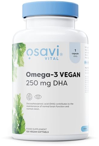 Osavi Omega–3 Vegan, 250 mg DHA – 120 Softgels | Highly Concentrated Algae Oil from Schizochytrium sp. | Supports Brain, Vision & Heart Health | Vegan–Friendly Tapioca Softgel