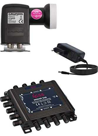 [ Test SEHR GUT *] GSS 5/8 Multischalter + GSS Grundig 4fach Quad LNB im Set, Multiswitch für 1 Satelliten & 8 Teilnehmer (TV, Sat Receiver), Matrix Verteiler, HD 4K Digital, für Spiegel Antenne