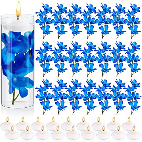 Hanaive Blaue Orchideen, künstliche Blumenvasenfüller für schwimmende Kerzen, Hochzeitstischdekoration, blaue Orchidee und geruchlose Schwimmkerzen für Hochzeitstisch, Party, Heimdekoration, 42 Stück