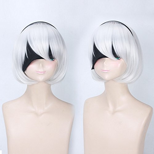 Wig Anime Cosplay Perücke for Nier: Mechanical Age 2B Nier COS Perücke Silber Gelblich Nr.2 Typ B Farbe: PL-470 (Weiß)
