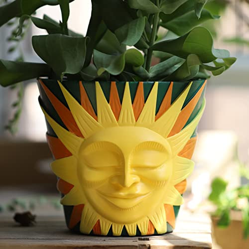 GUGUGO Sun Face Planters Pots Head Unique Head Planter with Drainage, Cute Flower Plant Pot for Indoor & Outdoor Plants, Funny Sukkulenten Gardening Pots for Plant Lover Gifts (Green Back, 5.5Inch)