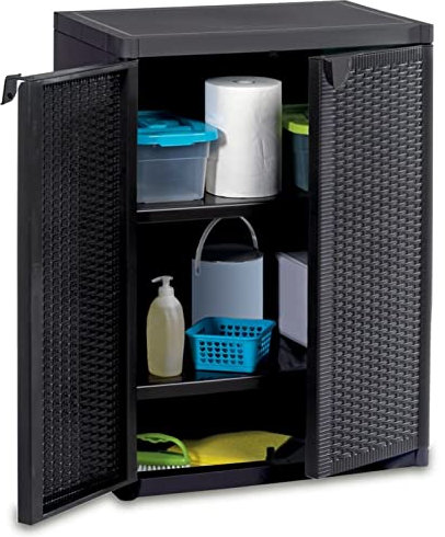 Keketa Gartenschrank Spindschrank Multifunktionsschrank mit 2 Ablagen Terrassenschrank Balkonschrank für innen und außen Schwarz 65x45x88 cm Rattan-Optik