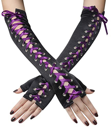 SEAUR Damen Armstulpen Satin Goth Punk Handschuhe Fingerlos Lila Schnürung Armwärmer für Cosplay Karneval Party Halloween Kostüm - 1 Paar