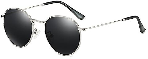 RUNHUIS Rund polarisierte Sonnenbrille Damen Herren Klassische Super Leichte Metallrahmen Gläser Mode Brillen für Fahren Angeln Silber/Grau