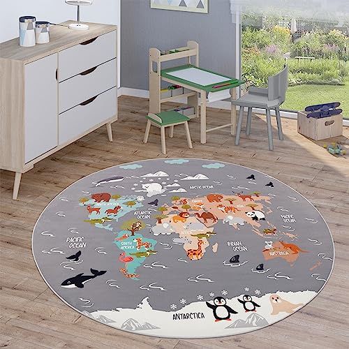 Paco Home Kinderteppich Teppich Rund Kinderzimmer Spielteppich Straßenteppich Modern rutschfest Junge Mädchen, Grösse:200 cm Rund, Farbe:Grau 4
