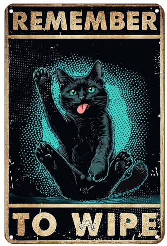 VOTHI Funny Cat Themed Vintage Signs；Remember To Wipe Sign；Cat Decor for Cat Lovers；Bathroom Decor for Restroom 8x12 In