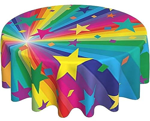 Wachstischdecke Regenbogen Und Sterne Konfettistrahlen Rund Party Tischdecken Glatt Gartentischdecke 152Cm Für Indoor Abendessen Picknick