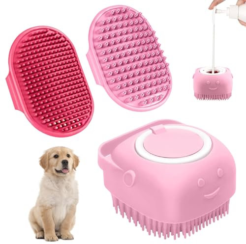 Shampoo Bürste Bubble Brush, Haustier Silikon Badebürste, 3 Stück Badebürste Hunde, Hundeshampoo Bürste, Weiche Silikon Badebürste für Hunde und Katzen, Nachfüllbares Duschgel(Rosa)