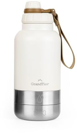 GrandTies Insulated Portable Water Bottle with 2 Detachable Dog Bowl Dispenser | Leak-Proof Food Travel Container | Walking, Hiking, Camping (32oz, Ivory White)