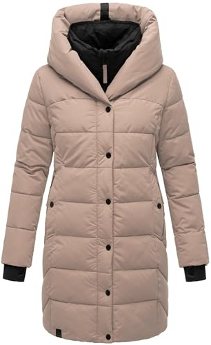 Navahoo Damen Wintermantel warmer Steppmantel lang mit Kapuze und abnehmbarem Fleece-Kragen Knutschilein XS-3XL