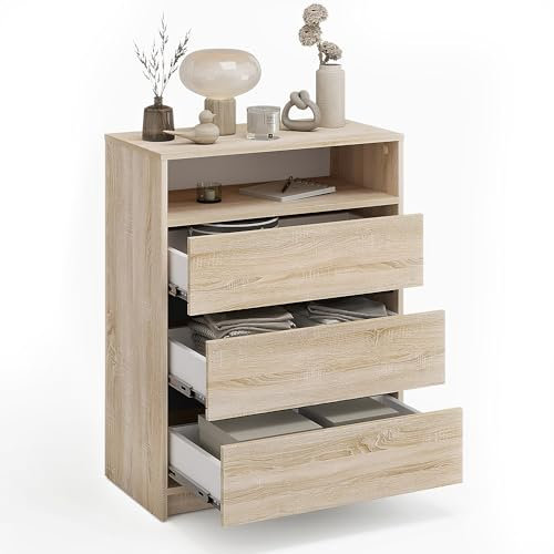 KOMTO Kommode mit 3 Schubladen - Komodenschrank für Schlafzimmer Schubladenkommode mit 1 offenen Fächern für Wohnzimmer | Sideboard Leon Sonoma Eiche 70 x 37 x 90 cm