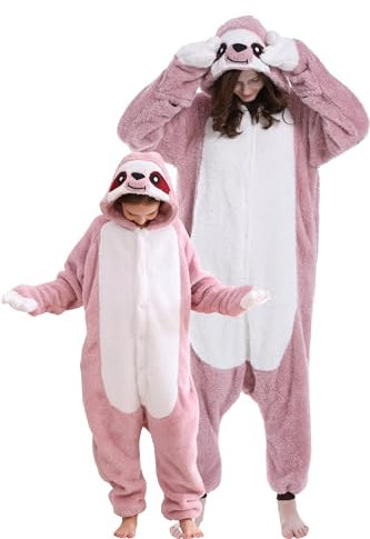 DarkCom Bradipo Rosa Onesie per Bambini e Adulti,Pigiama Genitore-Bambino Carnevale Cosplay Halloween Costume Animale Pigiama di Natale 12-13 Anni